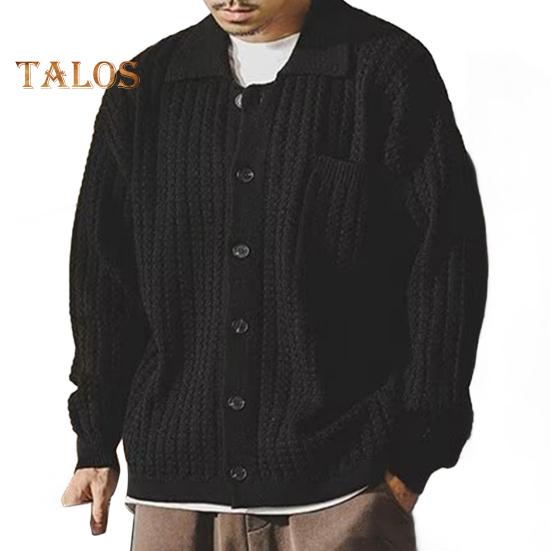 

Осень-зима мужской свитер с отложным воротником, однобортный, плотный трикотаж с нагрудным карманом, длинные рукава, однотонный эластичный свитер, пальто на каждый день XL чёрный