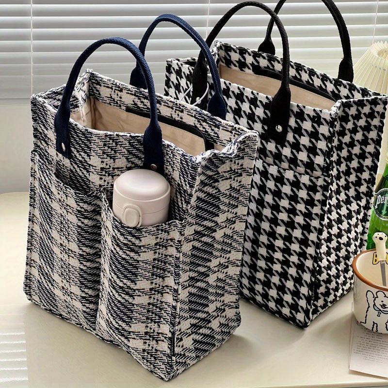 Thick Polyester Tote Bag Large Capacity Minimalist Plaid Pattern with Zipper Closure, Reinforced Handles for Work, Shopping & Daily Essentials