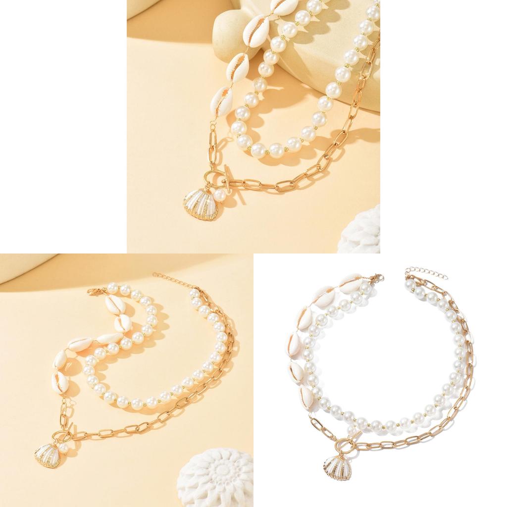 Seashell Necklace Boho Style Chunky Chain With Artificial Pearl For Summer Beach Vacation