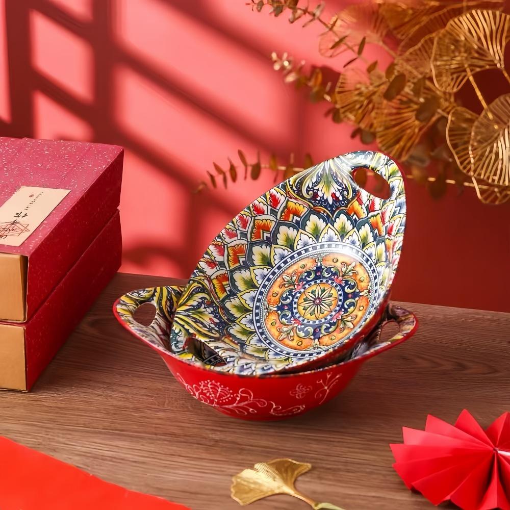 Ceramic Salad Bowl Bohemian Novelty Oval Plate with Handle Microwave Safe Boat-shaped Bowl Stackable Food Bowl Fruit bowl-2PCS