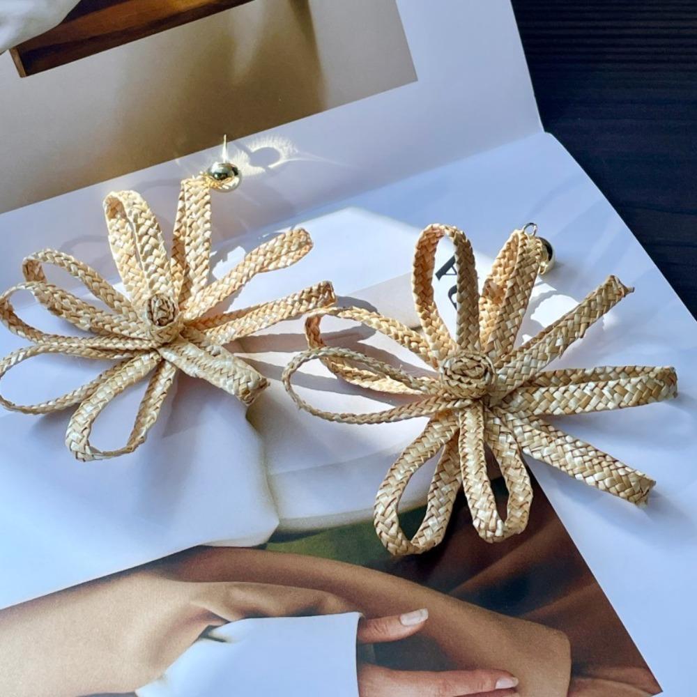Elegant Straw Woven Earrings Bohemian Style Hollow Floral Earrings  Vacation