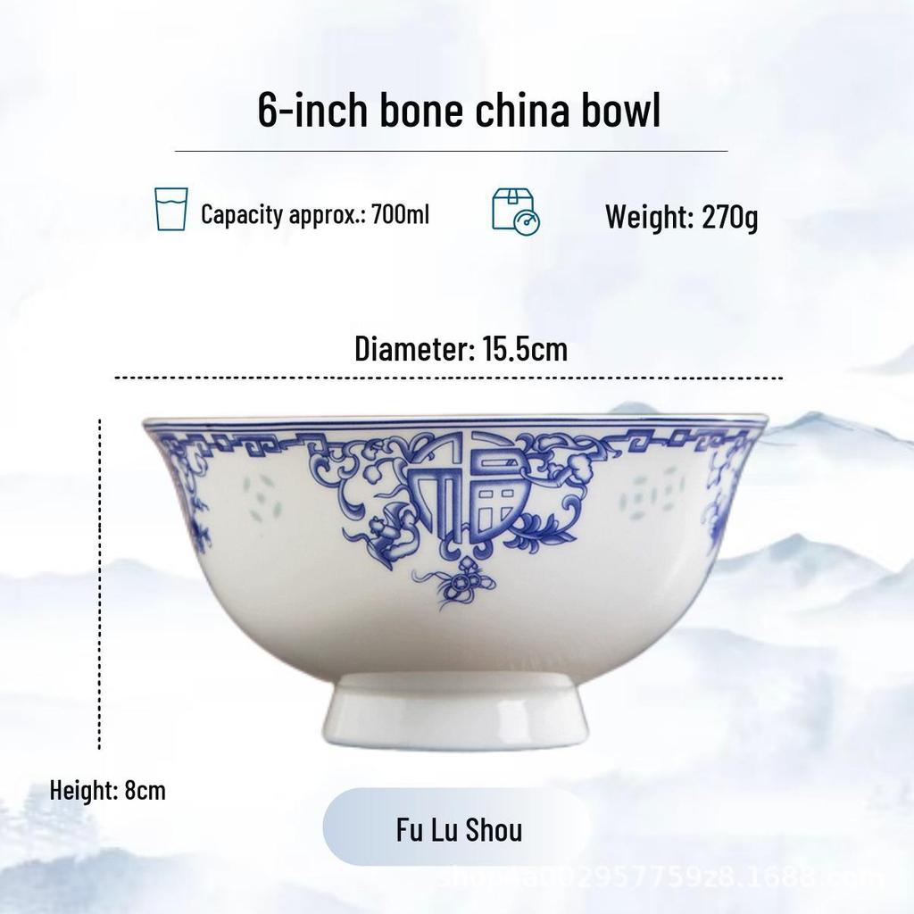 Blue and White High-Foot Bone China Noodle Bowl - Chinese-Style, Anti-Scald, Customizable for Birthdays