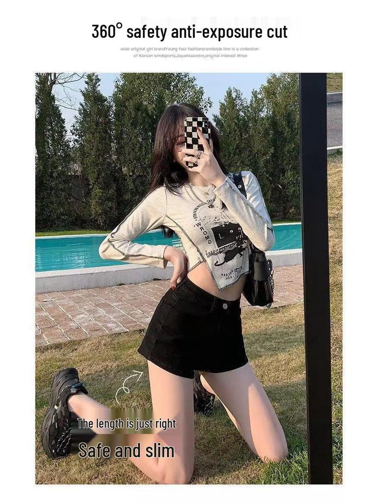 Women's High Waist Black Denim Shorts - Korean Style Trendy Slimming Hot Pants