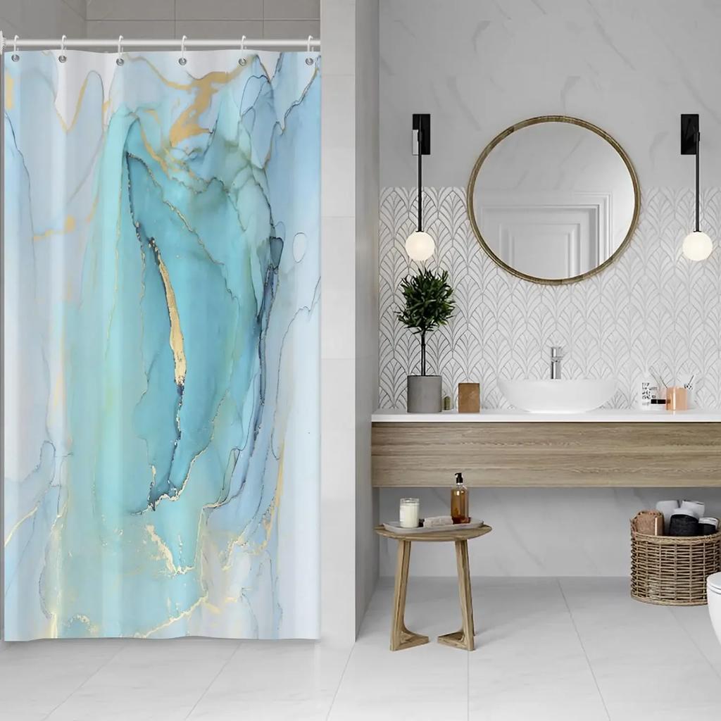 Blue Shower Curtain, Marble Shower Curtain for Bathroom Stall RV Watercolor Abstract Waterproof Fabric Shower Curtain Set