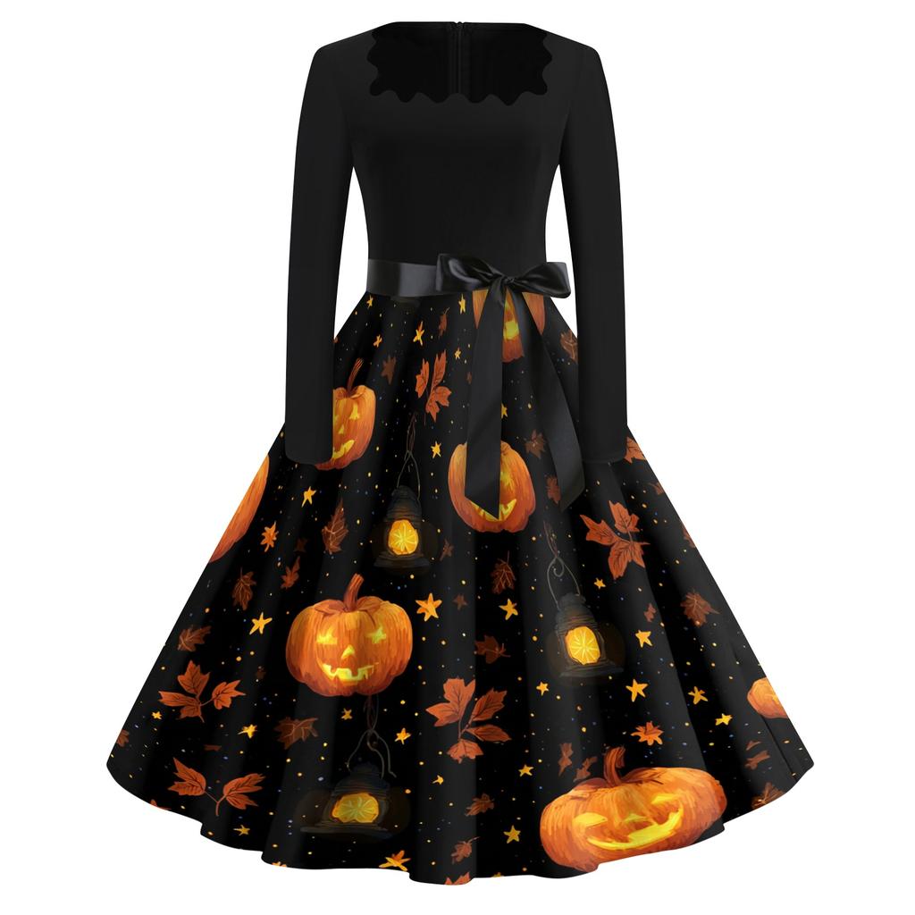 Women's Vintage Square Neck Casual Dress with Halloween Print for Fall Occasions