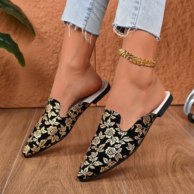 Women Plus Size Old Money Style Black Gold Pointed Toe Flat Slingback Mules Autumn