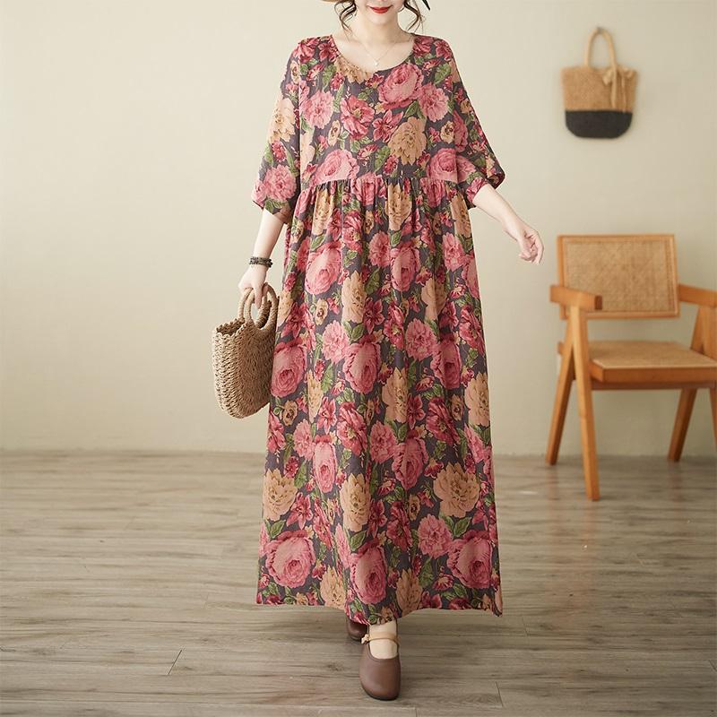 Short Sleeve Plus Size Vintage Floral New In Dresses for Women Casual Loose Long Summer Dress