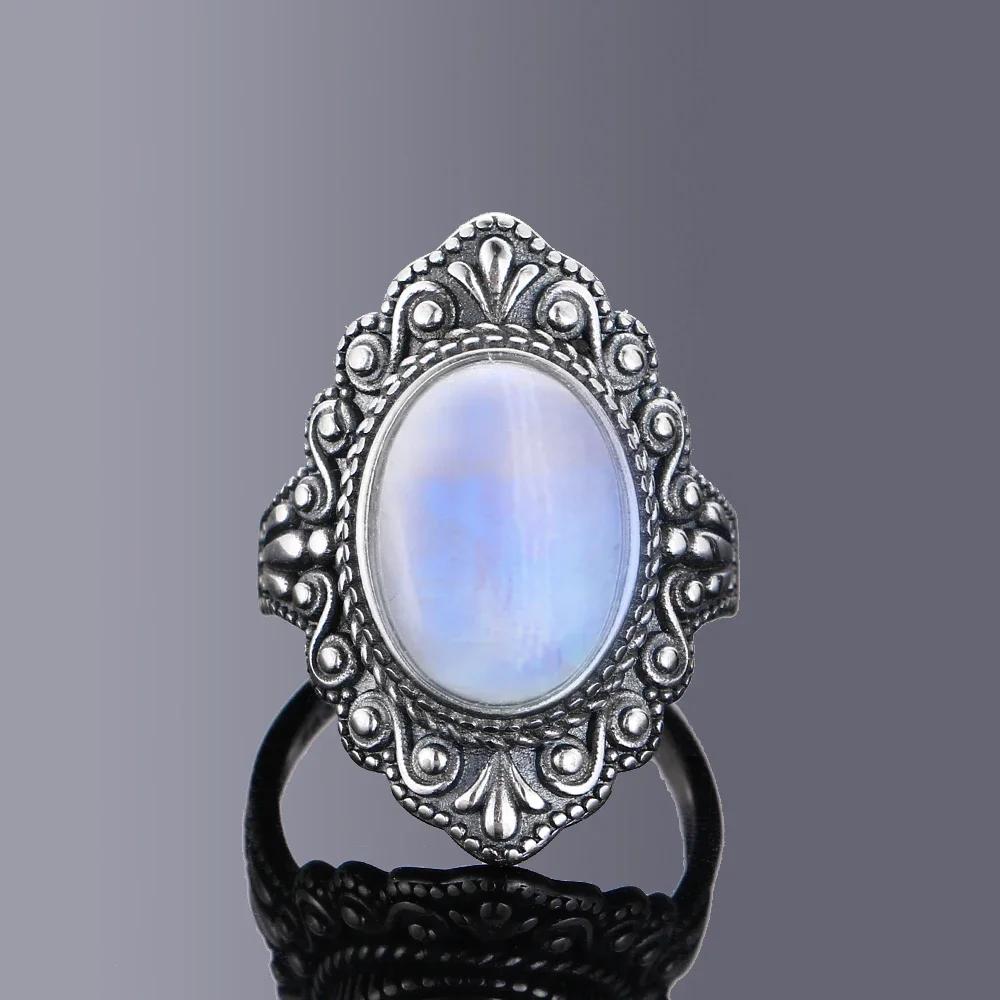 Vintage Style Moonstone Women Men's Ring, Silver-Plated Carved Pattern Oval Gemstone Ring, Retro Statement Finger Jewelry Gifts