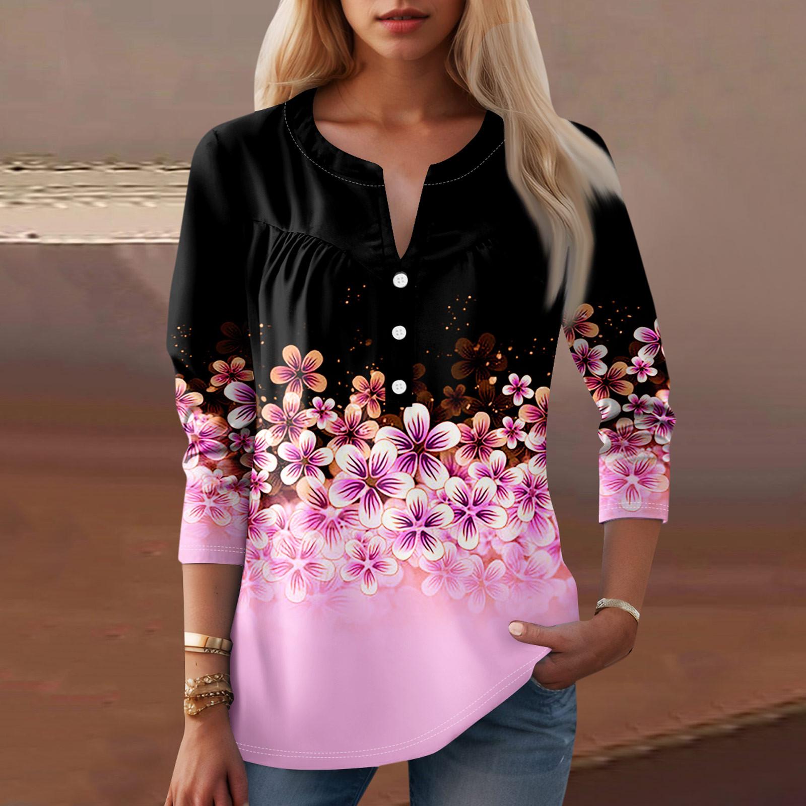 

Женская мода повседневная три четверти рукав V-образный вырез цветочный принт топ XXXL