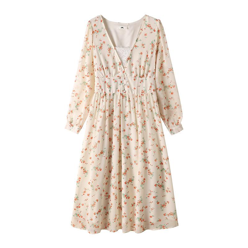 

Весна и осень Большие размеры Женские платья Темперамент Цветочные платья с глубоким V-образным вырезом на талии 6XL абрикосовый