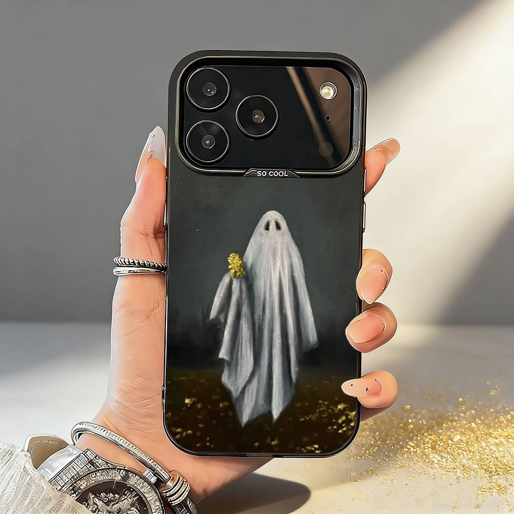 O-Oil Painting C-Cute G-Ghosts Lovely Phone Case For iPhone17 16 15 14 13 12Pro Max Grey Black Matte Laser Metallic Aurora Funda