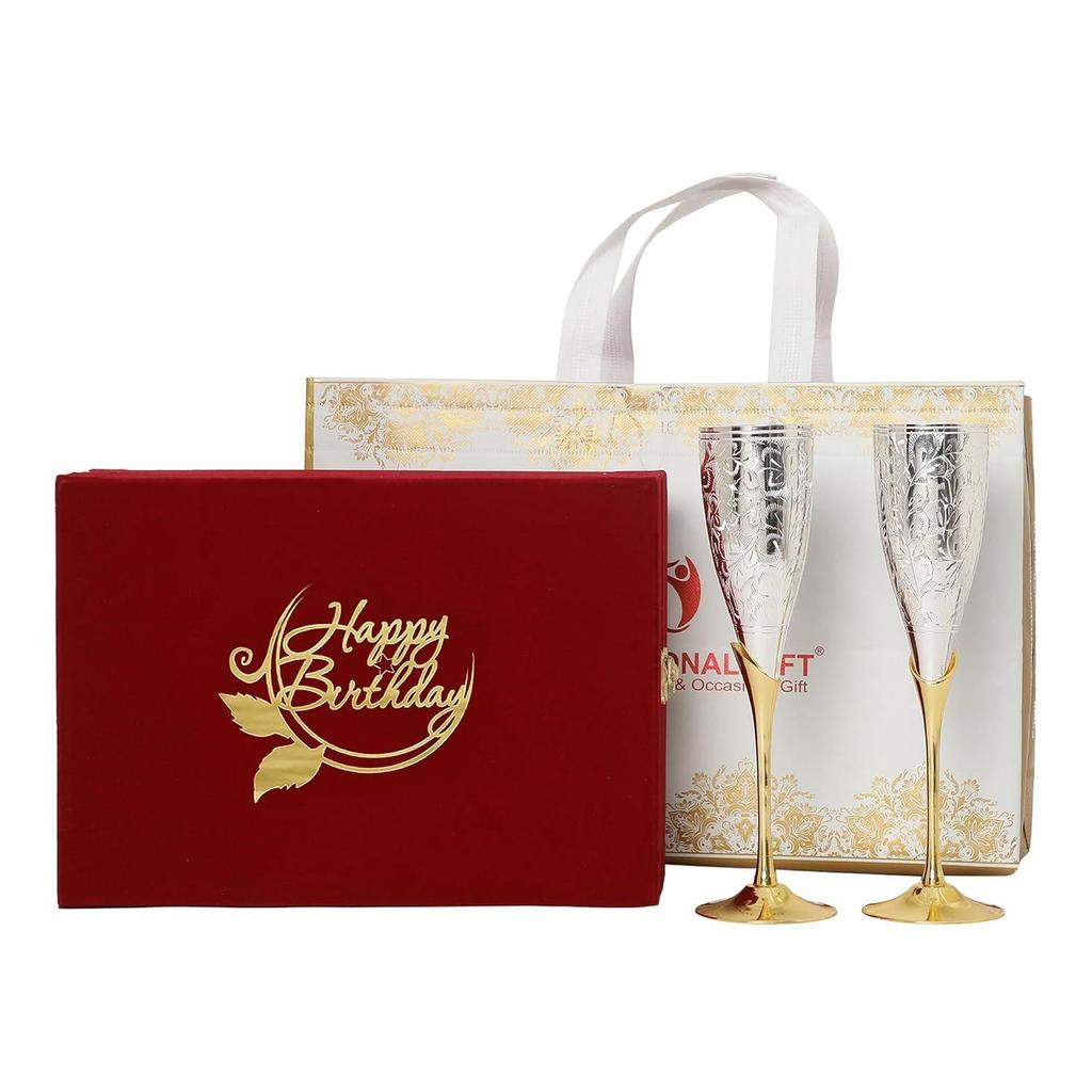 German Silver Wine Glass/Wine Goblet Set of 2 Pieces Glass | Happy Birthday Box with Carry Bag