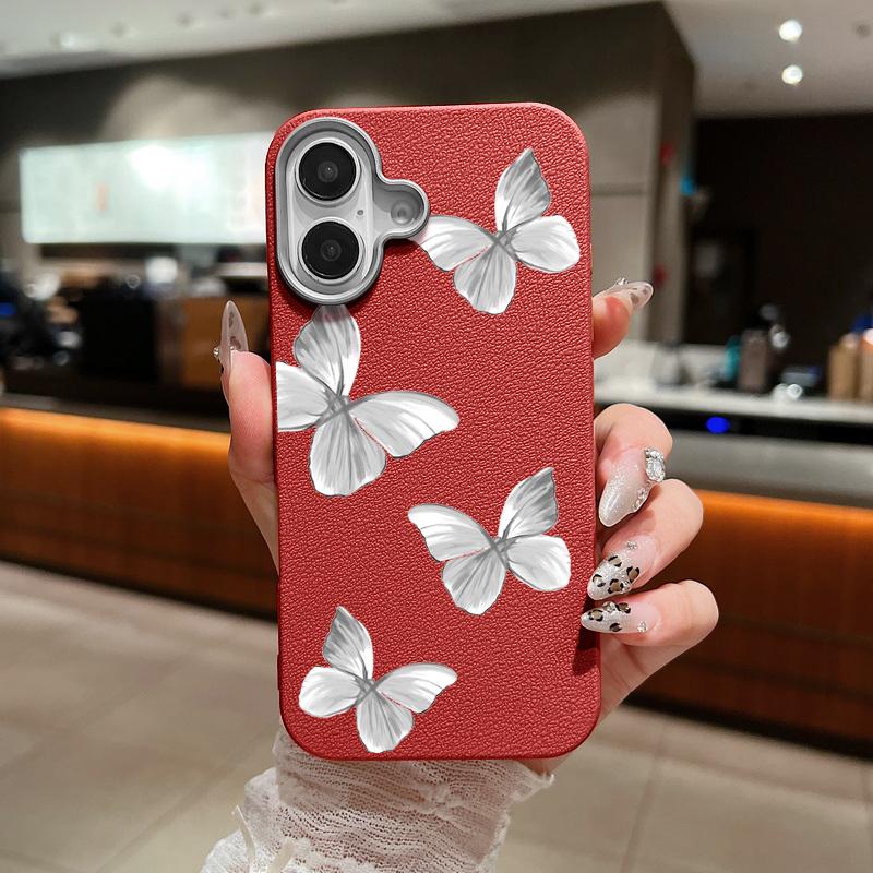Grey Butterfly Print Shockproof Soft TPU Phone Case For iPhone 16 Pro Max 15 Pro 14 13 12 11 Lens Protection Matte Leather Texture Slim Bumper Cover