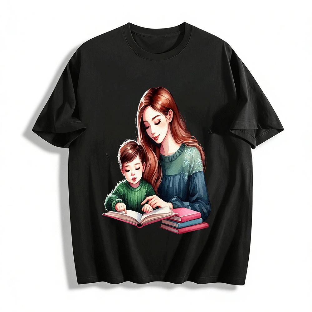 

Warm Parent-Child Reading Printed Long Sleeve Top Pure cotton T-shirt 6XL