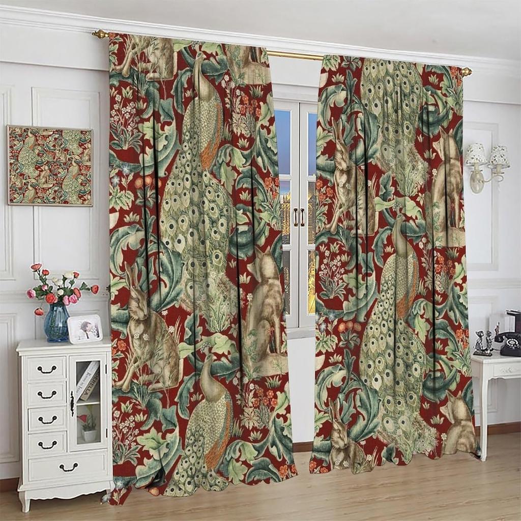 Vintage William Morris Wildlife Blackout Window Curtains   Rustic Boho Animal Plant Window Drapes   for Living Room Bedroom 21(W)*