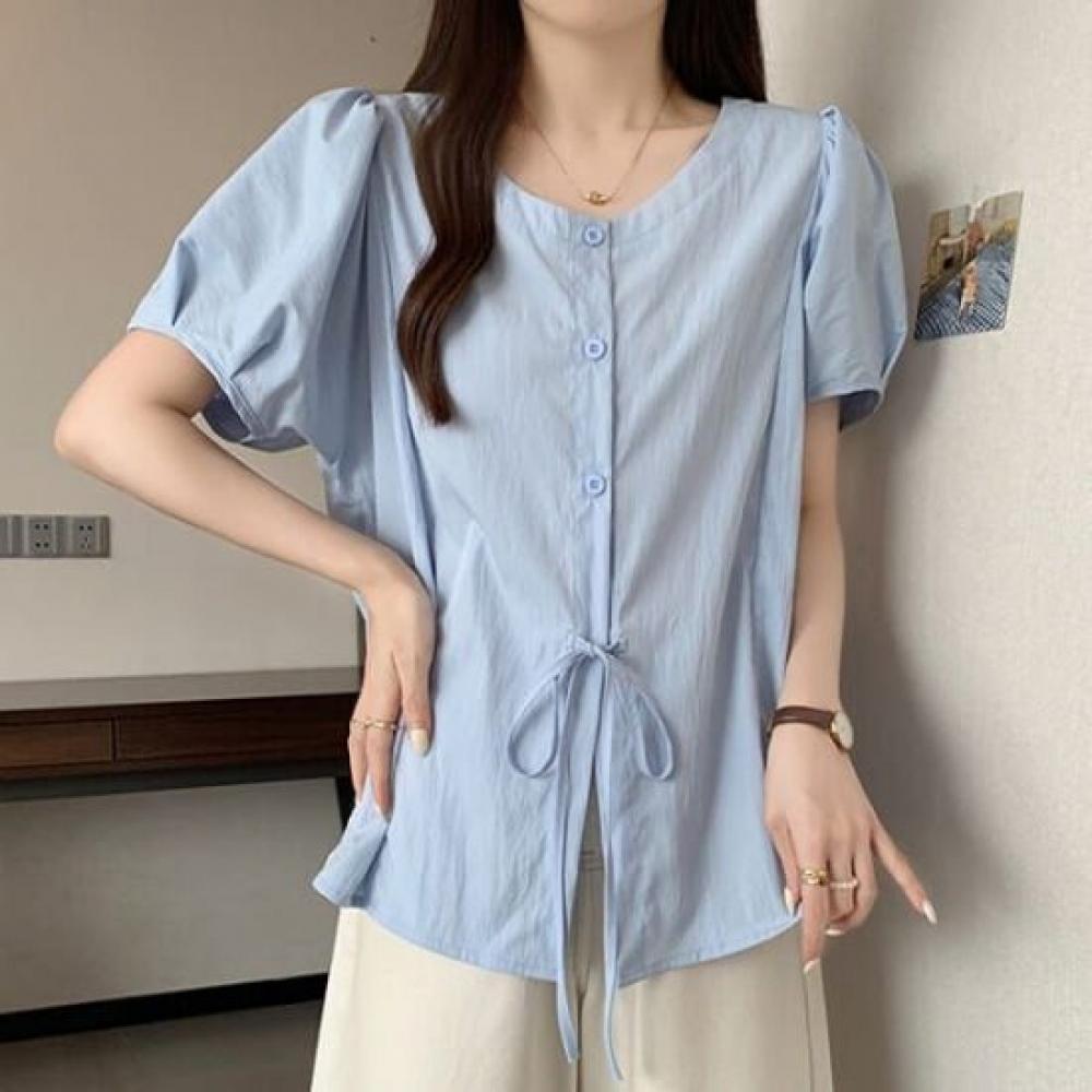 Navava Women Simple Daily Ribbon Short Sleeve Blouse Nb2819
