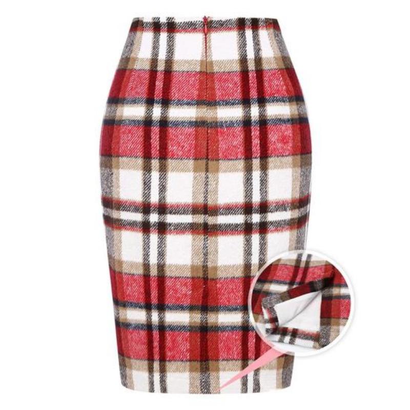 Frauen Frühling Rock Hohe Taille Plaid Print Kontrast Farbe Slim Fit Gerade Warm Halten Mantel Knielangen Winter Rock Weibliche kleidung