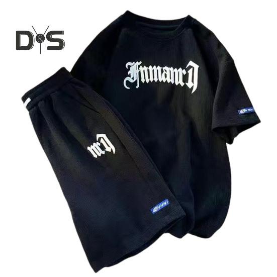 

Мужской комплект летней спортивной одежды из 2 шт./компл., футболка с коротким рукавом и буквенным принтом, эластичная талия, регулируемый шнурок, широкие шорты, комплект, вафельная текстура XL чёрный