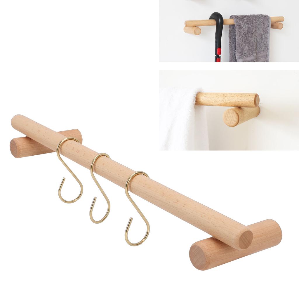 Wooden Towel Rack 45cm with 3 S Hooks Wall Mounted Towel Holder Hanger for Bathroom