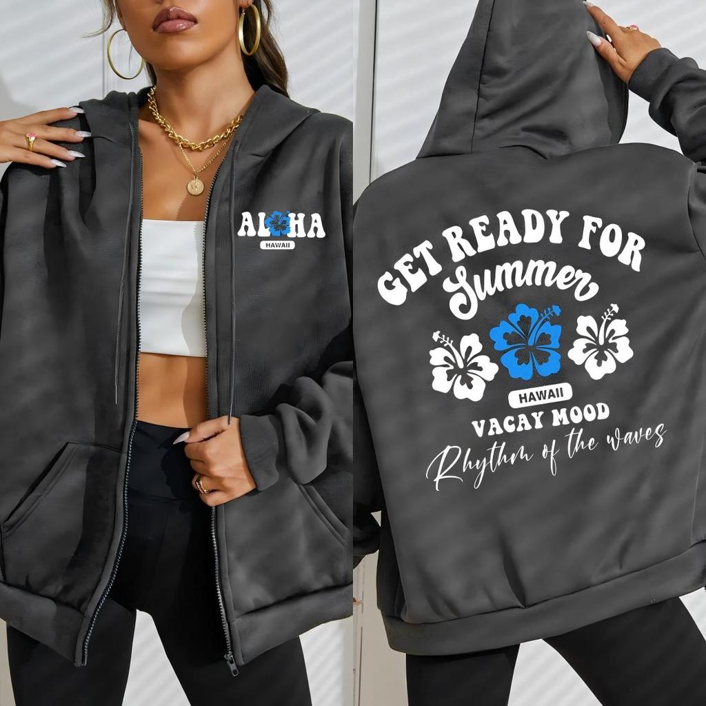 Get Ready For Summer Hawaii Vacay Mood Print Women Zipper Sportswear Street Hoody Loose Casual Hoodies Fleece Soft Clothes