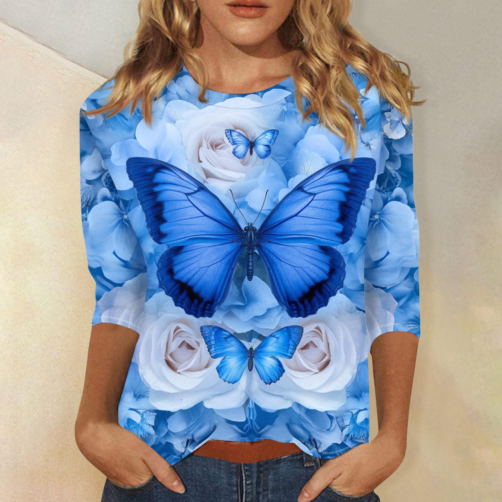 

Женская мода повседневная три четверти рукав цветочный принт круглый вырез пуловер топ XL небесно-голубой