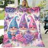 Charming Gnome-Themed Floral Throw Blanket Made of Soft Flannel, Featuring Bright Purple, Pink, And Blue Gnomes, Butterflies, And Roses, Ideal for Use