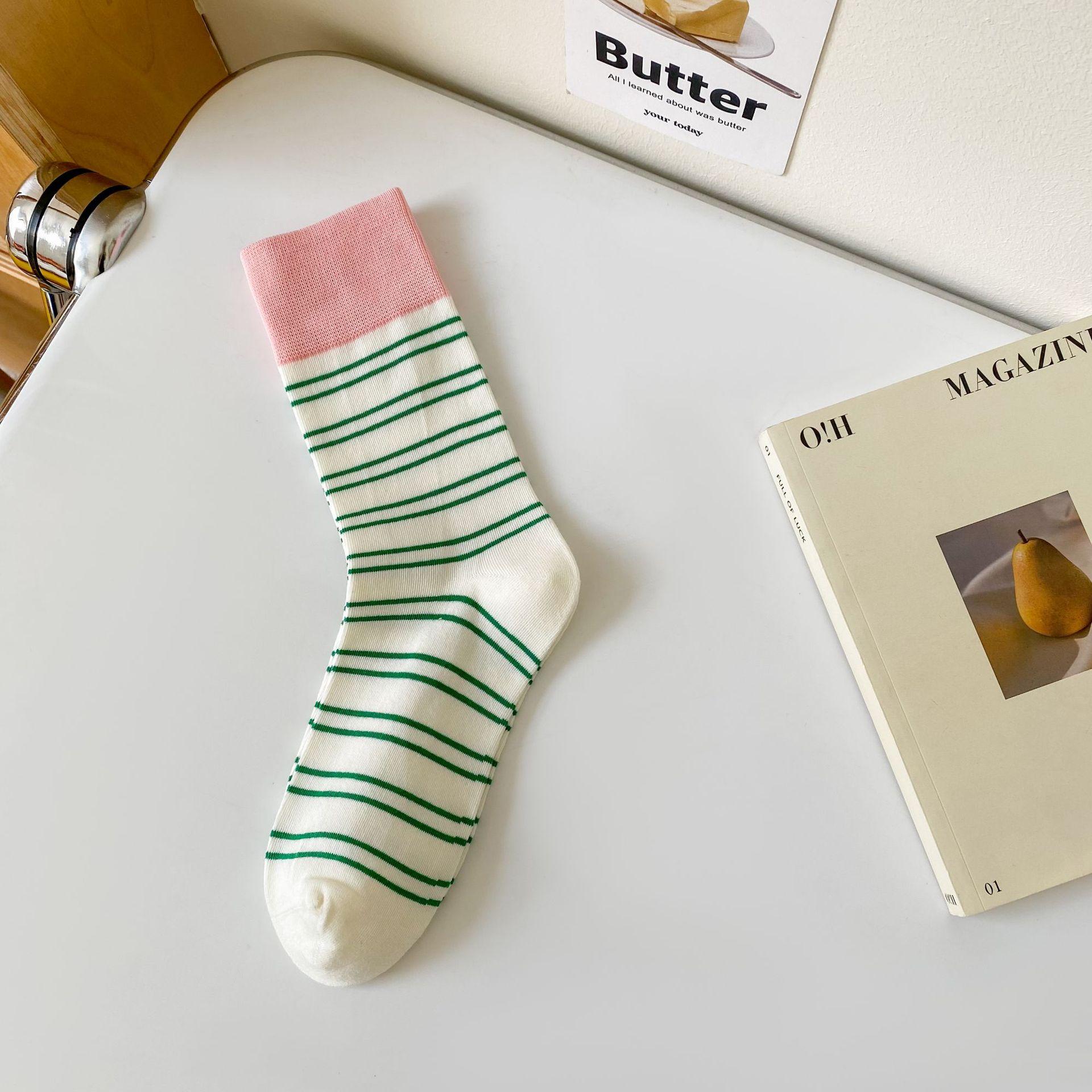 

2 Pair Spring Mid Tube Sock Candy Color Calf Stockings Sweat Absorption Breathable Girls Cotton Sock Fashion Women Striped Socks One Size