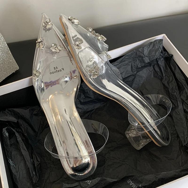 Fashion Silver PVC Transparent Women Pumps CRYSTAL Diamond Pointed Toe Low Heels Mules Banquet Ladies Sandals
