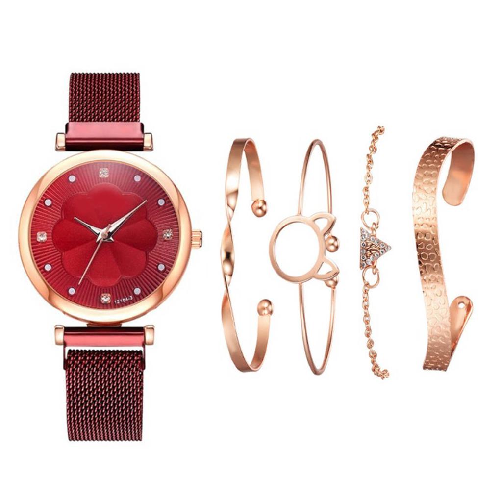 5pcs Bangle Watch Set Quartz Alloy Elegent High Glossy Daily Accessories Jewelry Set with Storage