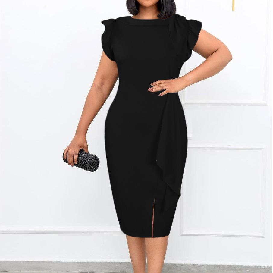 Large Size Women Summer Fashion Solid Ruffled Dress Ladies Elegant One Piece Slit Dress