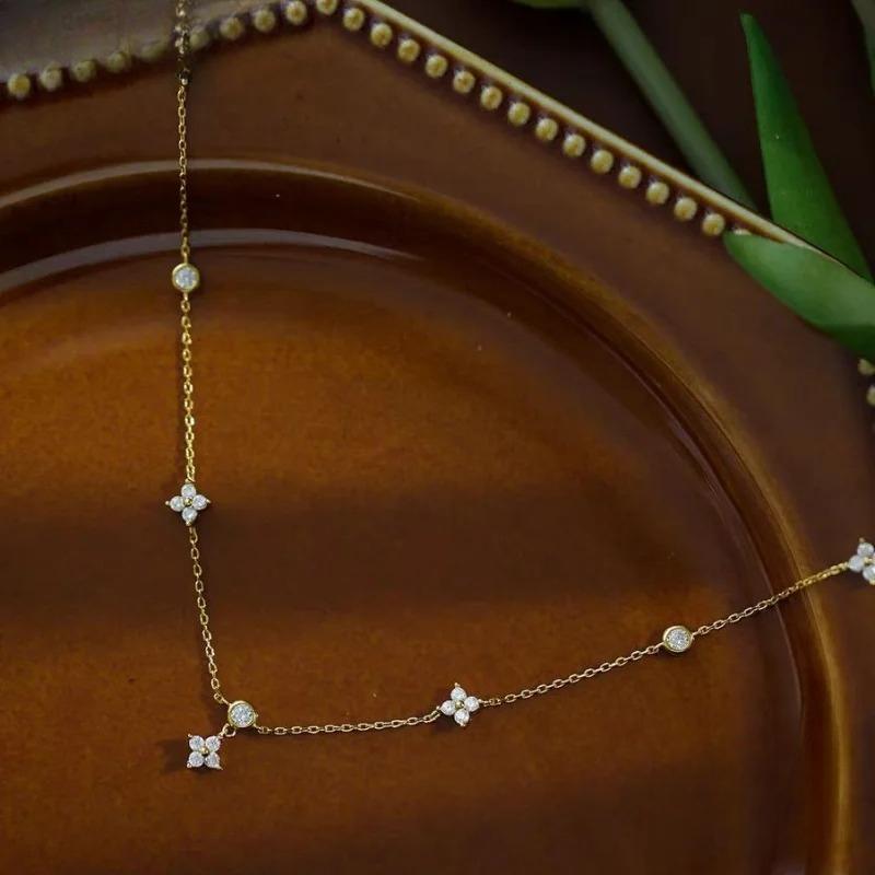 Read Sterling Silver Plated 18K Gold Sparkling Zircon Flower Necklace for Women Girl Exquisite Party Jewelry Gifts