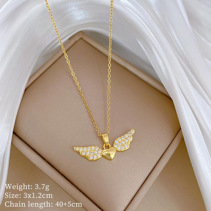 Compact Love Wings Light Luxury Temperament Gorgeous Full Diamond Necklace Female Versatile Collarbone Chain Titanium Steel Chain