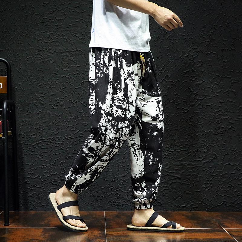 2023 Men's Autumn Cotton-Linen Floral Retro Large Size Slim-Fit Trousers