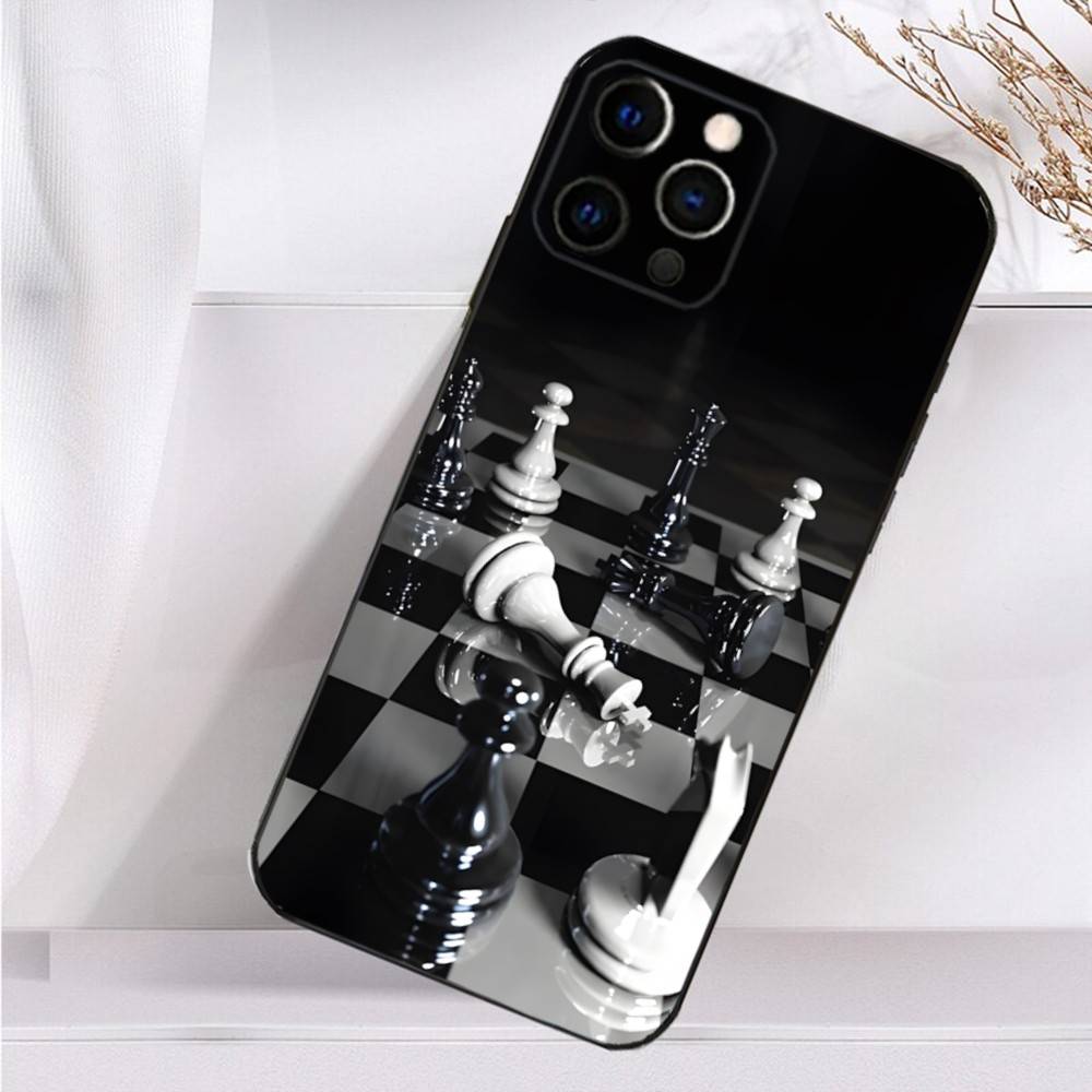 Board Pieces Chess Case For iPhone 16,15,17,14,13,12,11 Plus,Pro Max,XS,X,XR,SE,Mini,8,7 Soft Silicone Black Cover