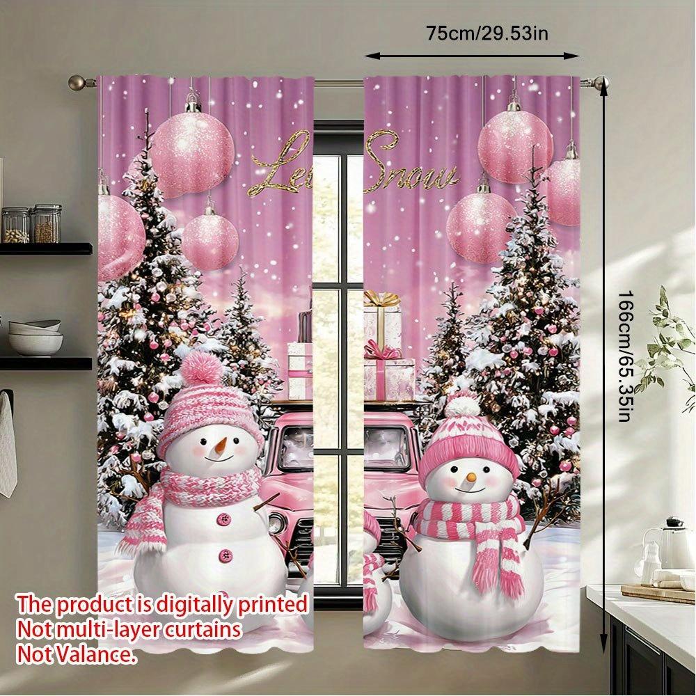 Pink Snowmen Truck Door Curtains 2Pcs,Winter Scene Snowflake Ball Semi-Transparent  For Bedroom Living Room Decor