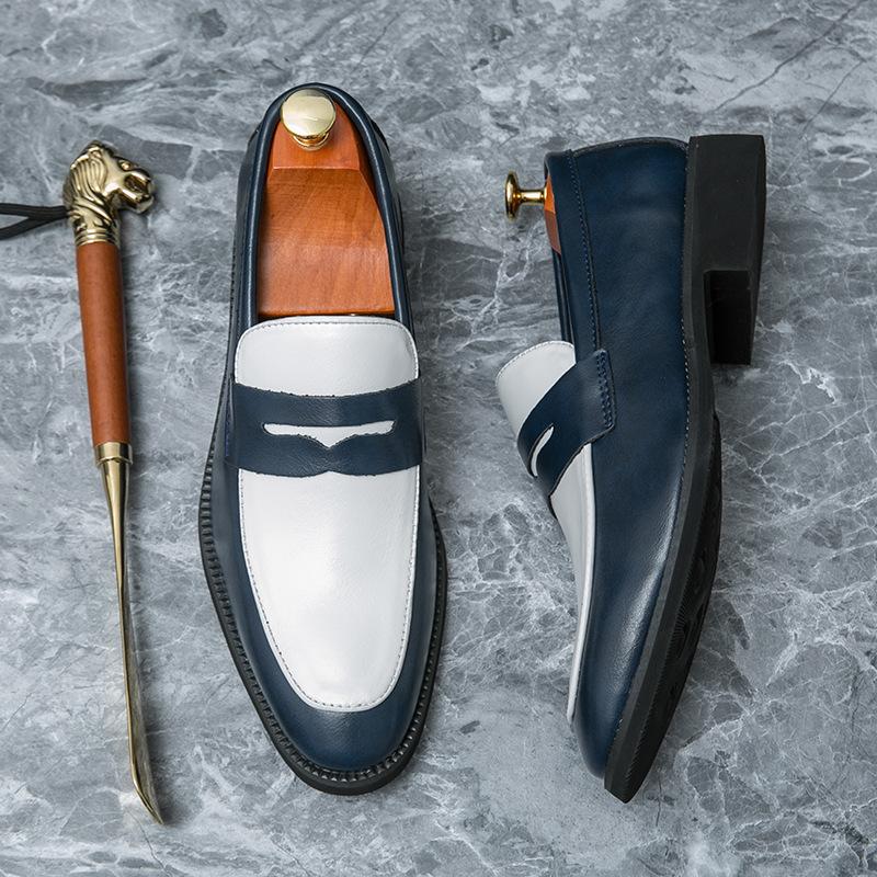 Large size spring black and white color matching leather shoes men's one-pedal loafers British casual men's shoes