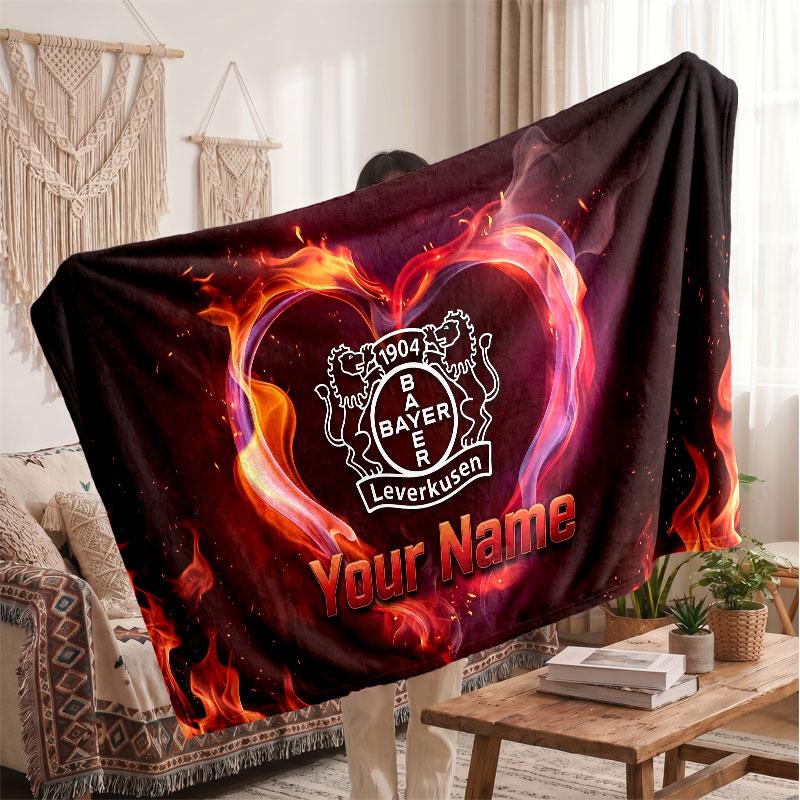 Bayer Leverkusen Voetbal Gepersonaliseerd Fleece Deken Met Voetbal Logo, Aangepaste Naam Tekst Zacht Warm Huis Plaid Deken