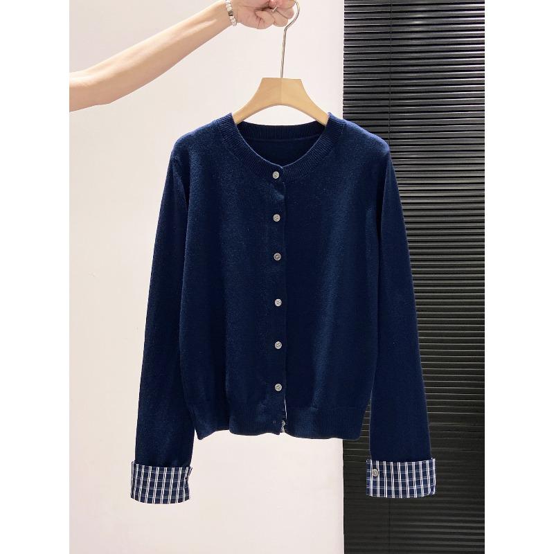 Plaid splicing single-breasted cardigan women's spring and autumn fashionable top knitted sweater versatile jacket