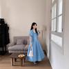 Summer Clear Blue Bubble Sleeves V-neck Dress Dopamine Color Scheme Waist Thin French Romantic Temperament Long Dress