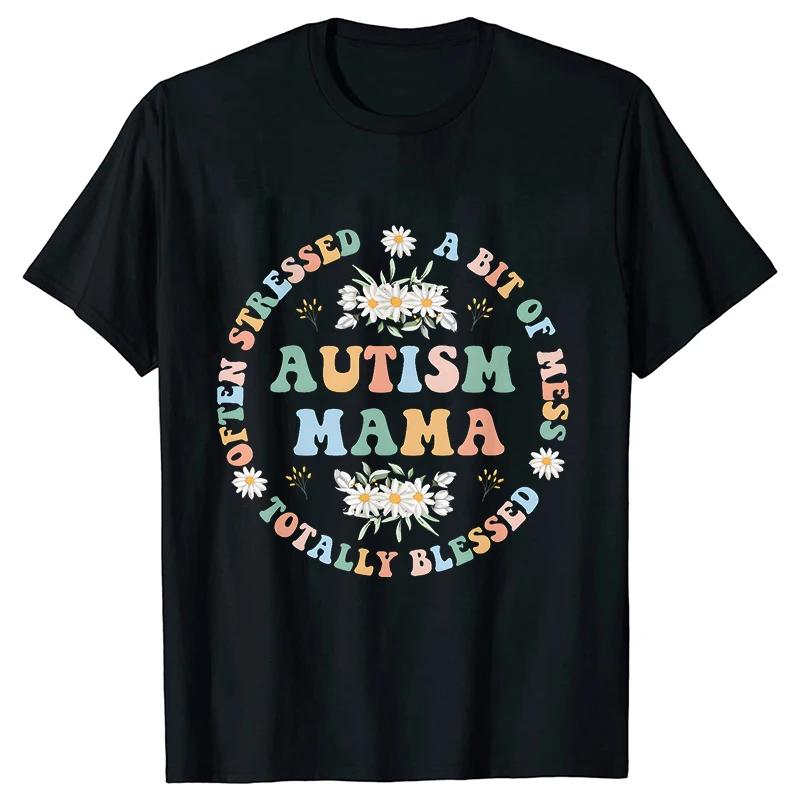 Women's Fashion T-shirt Autism Mama Printed Tshirts Fashion Casual Short-sleeved Tee Shirt Autism Awareness T Shirts for Women