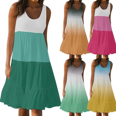 Γυναικεία γιλέκα Φορέματα Καλοκαιρινή άνοιξη πλισέ Μποέμ Φορέματα Χαριτωμένα αμάνικα ρέοντα παραλία ίσια T-shirt Φορέματα τανκ Φορέματα με στρογγυλή λαιμόκοψη