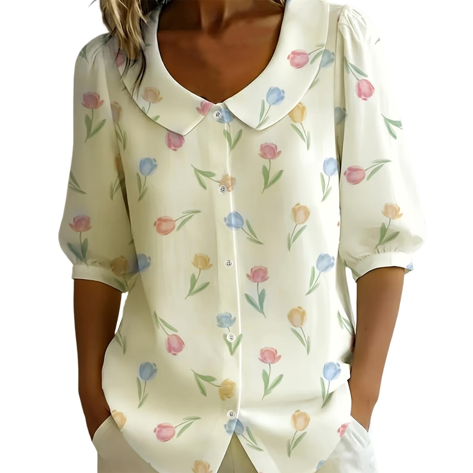 

Loose Fit Women s Blouse Bubble Sleeve Floral Print Shirt with Doll Collar Button Down Front Casual Top L бежевый