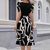 Commuter Knitted Printed Elastic Square Neck Slim Short Sleeve Bubble Sleeve Dress 2024 New Skirt Women's Clothing