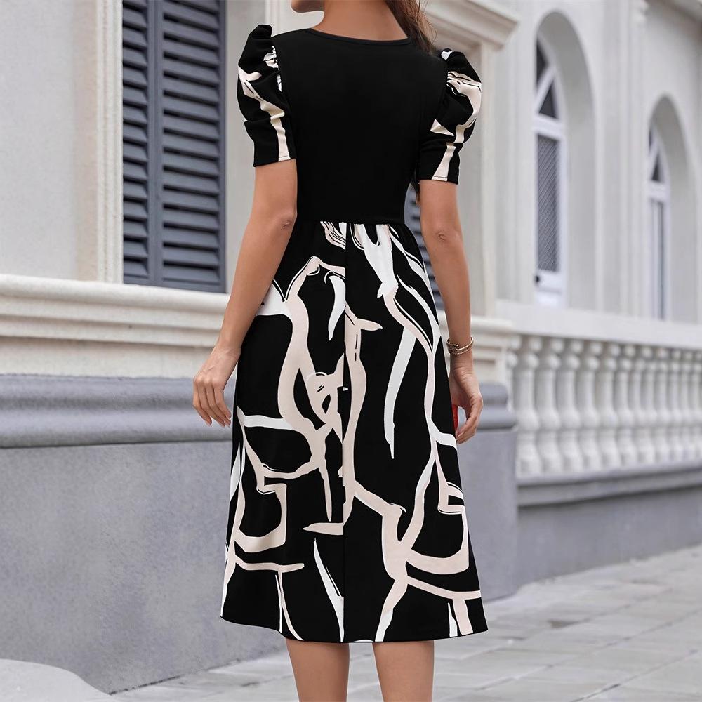 Commuter Knitted Printed Elastic Square Neck Slim Short Sleeve Bubble Sleeve Dress 2024 New Skirt Women's Clothing