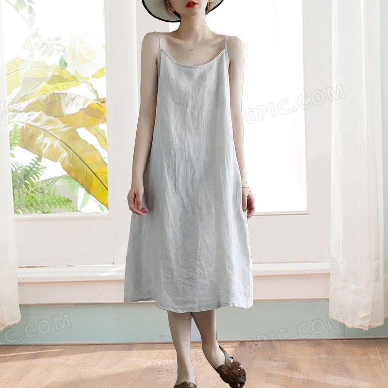 

2025 Artistic Retro Cotton Linen Sleeveless Maxi Dress with Spaghetti Straps for Women L fits approximately 80-120 jin