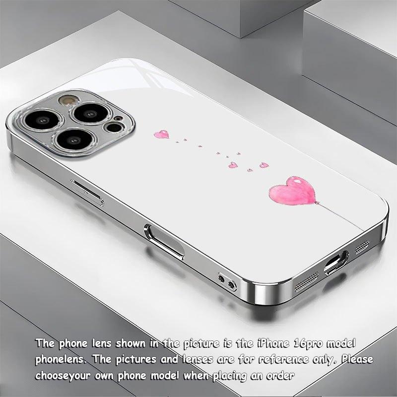 Minimalist pink heart-shaped balloon glass phone case suitable for iPhone 17 16 15 14 13 12 11Pro Max Plus shockproof back cover