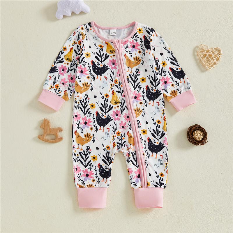 Autumn Baby Boy Girl Romper Camouflage Rooster Floral Print Long Sleeve Zip-up Jumpsuit Cute Infant Toddler Fall Clothes