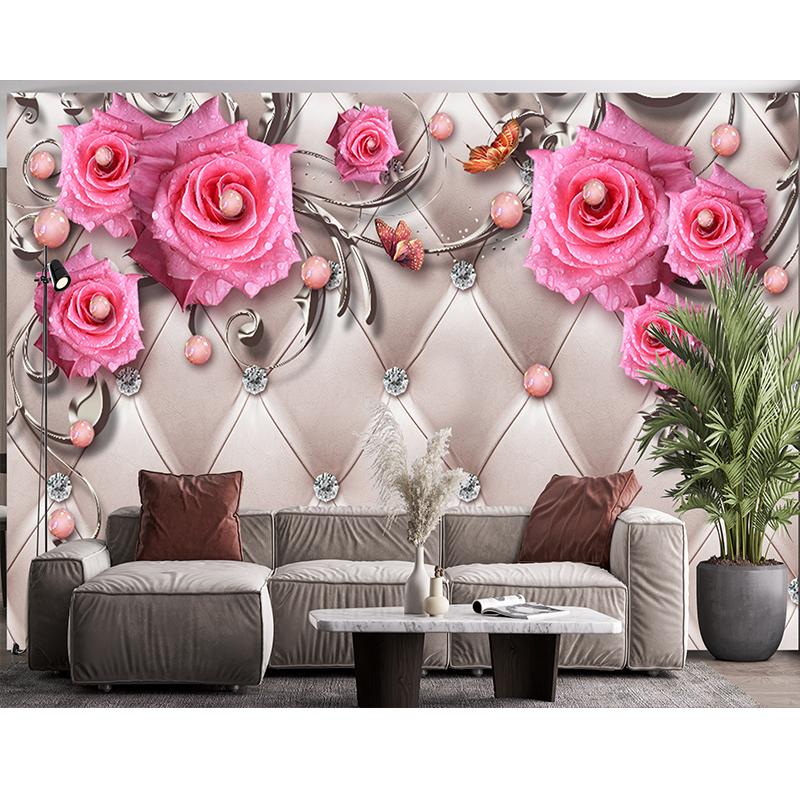 European Flowers 3d Wall Mural Modern Jewelry Pink Rose Flower Wall Mural Living Room Bedroom Home Decor