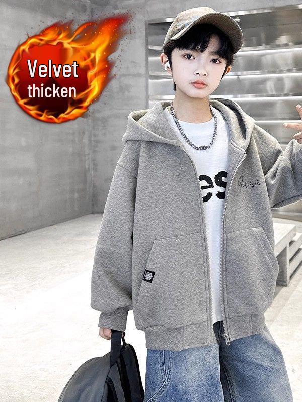 Kids' Trendy Zipper Hoodie: Autumn/Winter Velvet-Lined Loose Cardigan for Boys & Girls