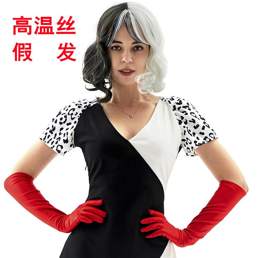 Neues Kuila Cosplay-Kostüm, Lackleder sexy schwarz-weiß Hexe Dalmatiner Cruea Halloween-Kostüm